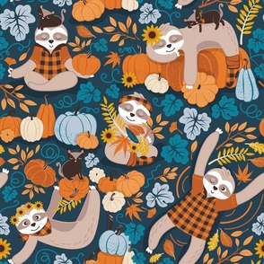 Normal scale // Sloths in pumpkin mood // blue background orange blue and pastel blue autumnal pumpkins fall leaves shepherd’s check yellow sunflowers