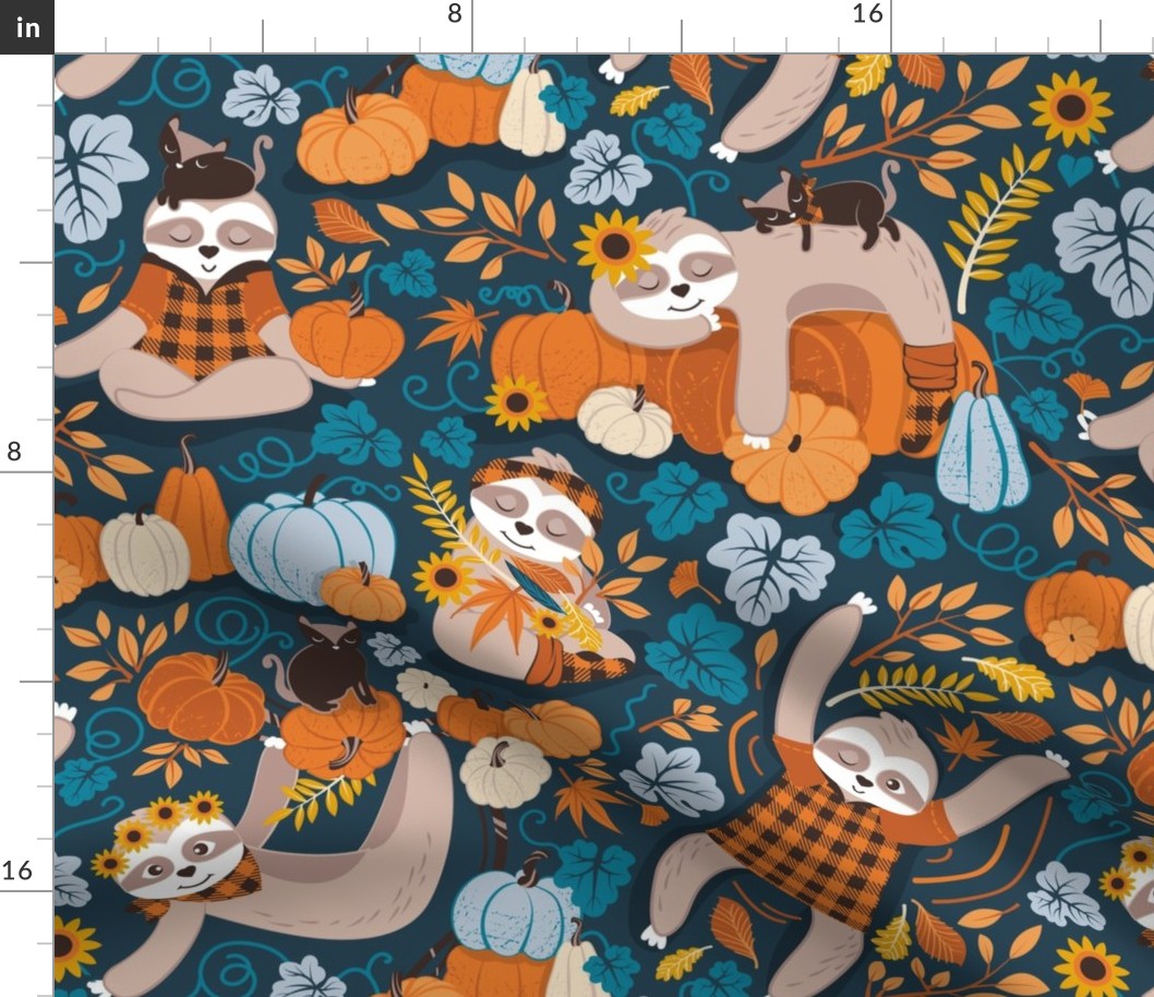 Normal scale // Sloths in pumpkin mood // blue background orange blue and pastel blue autumnal pumpkins fall leaves shepherd’s check yellow sunflowers