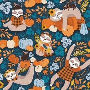 Small scale // Sloths in pumpkin mood // blue background orange blue and pastel blue autumnal pumpkins fall leaves shepherd’s check yellow sunflowers