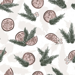 Christmas Oranges and Evergreens, Wine Pink, Dark Green, Large