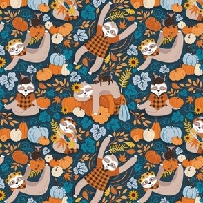 Tiny scale // Sloths in pumpkin mood // blue background orange blue and pastel blue autumnal pumpkins fall leaves shepherd’s check yellow sunflowers