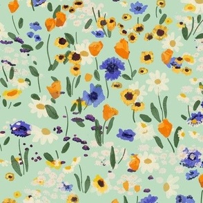 Small scale Spring flower meadow on mint green