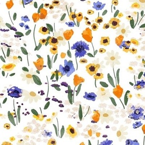 Small scale Spring flower meadow on white