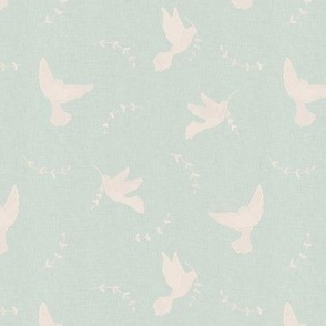 Peace doves with laurel branch on baby blue with linen texture