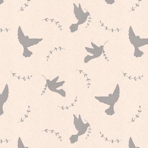 Gray peace doves with laurel branch on natural linen texture background