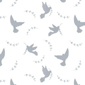 Gray peace doves with laurel branch on white background