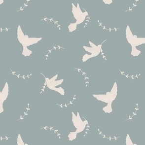 Peace doves with laurel branch on dusty blue with linen texture