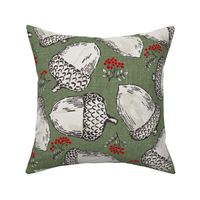 acorns and red rowan berries on sage green | large