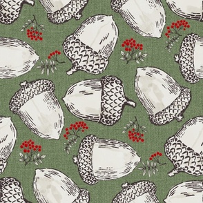 acorns and red rowan berries on sage green | large