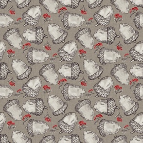 acorns and red rowan berries on taupe | medium