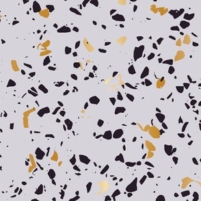 Gold and black terrazzo speckles on grey, minimal modern abstract