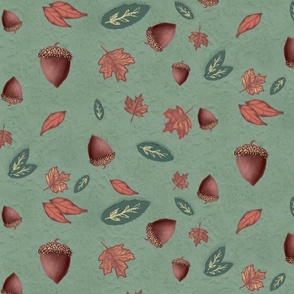Vintage acorns autumn leaves woodland fall, Thanksgiving, Nature, vintage wallpaper, green textured 12"