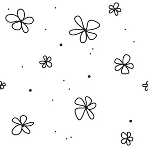 Black and White Line-Drawn Minimalistic Flowers and Dots on White