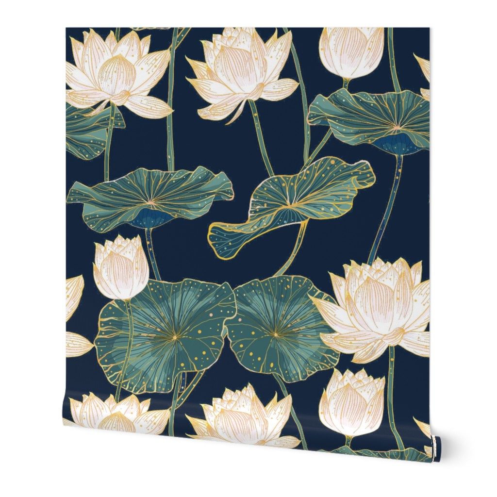 Japanese Lotus Garden Navy Gold White