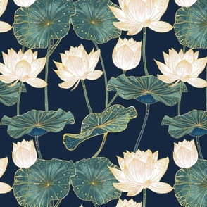 Japanese Lotus Garden Navy Gold White