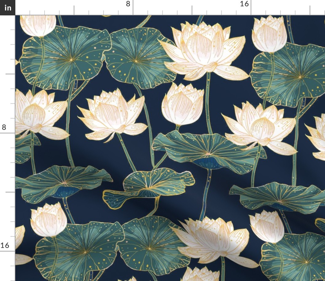 Japanese Lotus Garden Navy Gold White