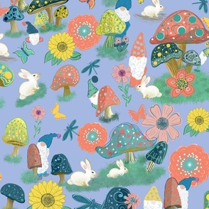 Whimsical colorful mushrooms, gnomes, wildflowers, rabbits, butterflies on periwinkle blue 20"