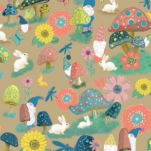 Whimsical colorful mushrooms, gnomes, wildflowers, rabbits, butterflies on mocha brown 20”