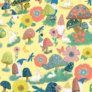 Whimsical colorful mushrooms, gnomes, wildflowers, rabbits, butterflies on yellow 20”
