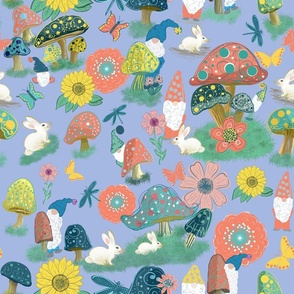 Whimsical colorful Mushroom, gnomes, wildflowers, rabbits, butterflies on periwinkle blue 18”
