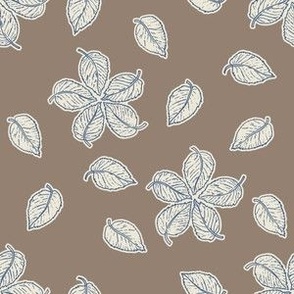 S | Contemporary Frosty Autumnal Woodland Leaves in Blue and Panna Cotta Cream on Morel Light Brown