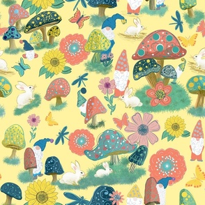 Whimsical colorful mushrooms, gnomes, wildflowers, rabbits, butterflies on yellow 18"