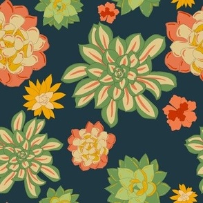 California Succulents on Navy Blue