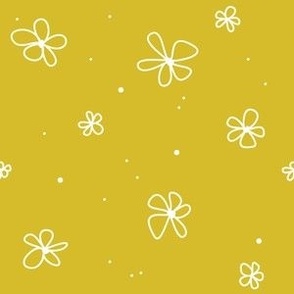 White Line Drawn Minimalistic Flowers and Dots on Mustard Yellow