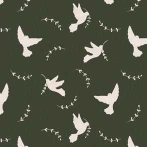 Peace doves with laurel branch on forest green with linen texture