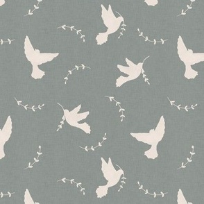 Peace doves with laurel branch on gray with linen texture