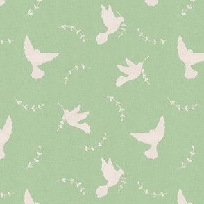 Peace doves with laurel branch on mint green with linen texture
