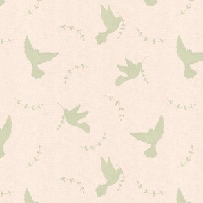 Mint green peace doves with laurel branch on natural linen texture background