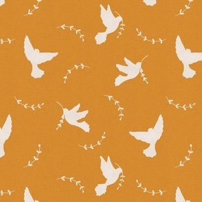 Peace doves with laurel branch on mustard yellow with linen texture