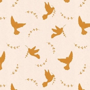 Mustard peace doves with laurel branch on natural linen texture background
