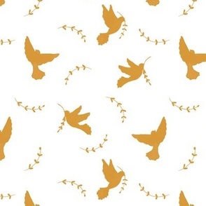 Mustard yellow peace doves with laurel branch on white