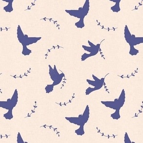 Periwinkle blue peace doves with laurel branch on natural linen texture background