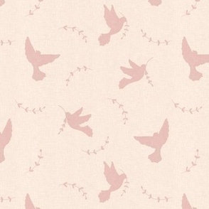 Mauve peace doves with laurel branch on natural linen texture background