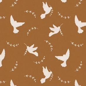 Peace doves with laurel branch on tan brown with linen texture