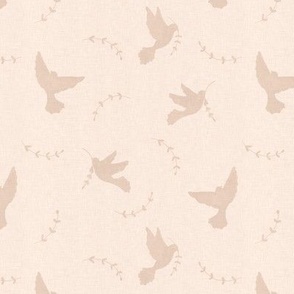 Warm earth tone peace doves with laurel branch on natural linen texture background