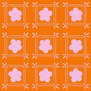 Floral Mosaic Repeat Tile Tangerine Orange Bubble Gum Pink 12x12