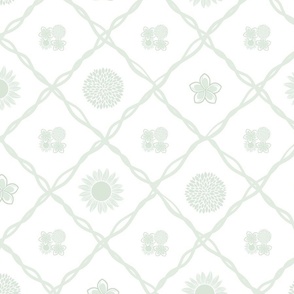 Botanical Soft Green Flowers in Diamond Watercolour Lines on White Large