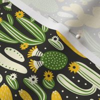 Pattern with cactus. Yellow, green and white colors on black.