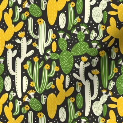 Pattern with cactus. Yellow, green and white colors on black.