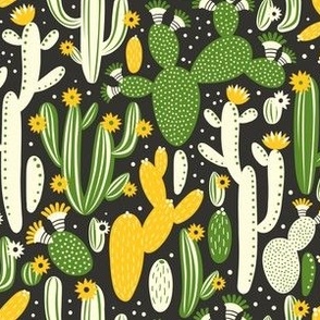 Pattern with cactus. Yellow, green and white colors on black.