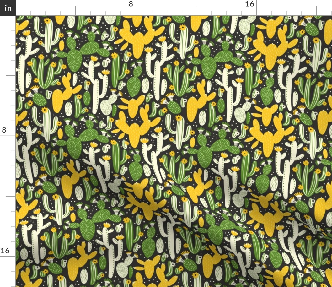 Pattern with cactus. Yellow, green and white colors on black.