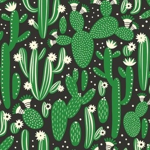 Pattern with cactus. Green and white colors on black.