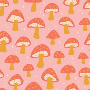 Groovy Retro Psychedelic Mushrooms & Stars - (MEDIUM) pink, orange, goldenrod yellow, eggshell white