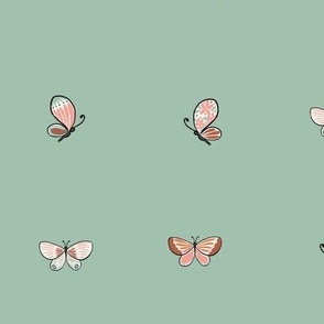 Butterflies on Green, Nature Inspired, Hand Drawn Insects, Cute and Sweet, Green and Pink, Butterfly Wallpaper, Girl Bedroom, Blender, Preppy Girl, Girl Fabric, Outdoor