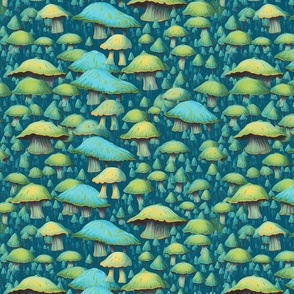 magritte  mushrooms in blue and green
