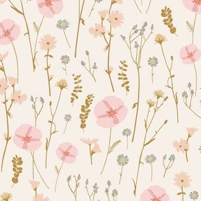 Vintage wildflowers floral and dried weeds in pink, blue, brown and blush on cream - MEDIUM SCALE